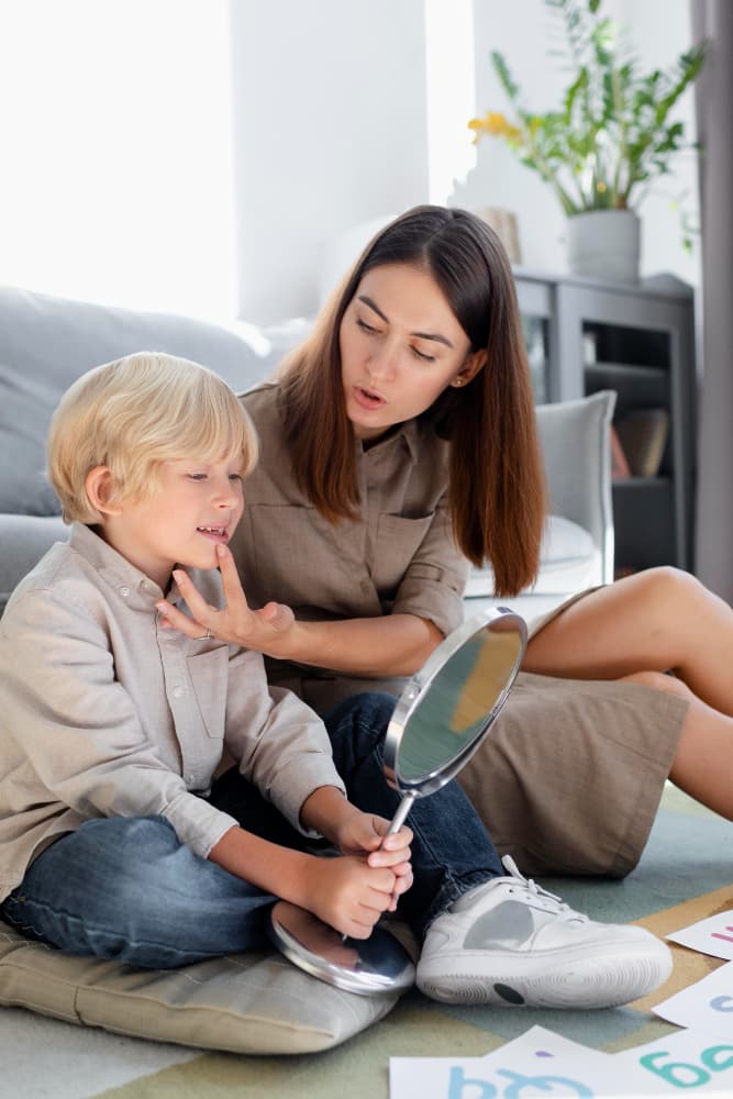 Therapist and family focused on communication during a home visit